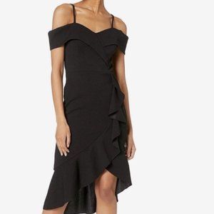 bebe Cold Shoulder Ruffle Hem Midi Dress